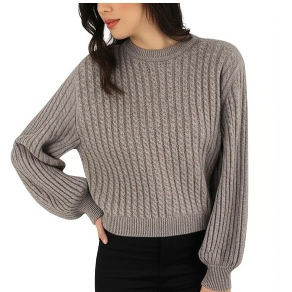 Evolution Taupe Cable Knit Puff Sleeve Pullover Sweater Soft Comfortable‎ XL